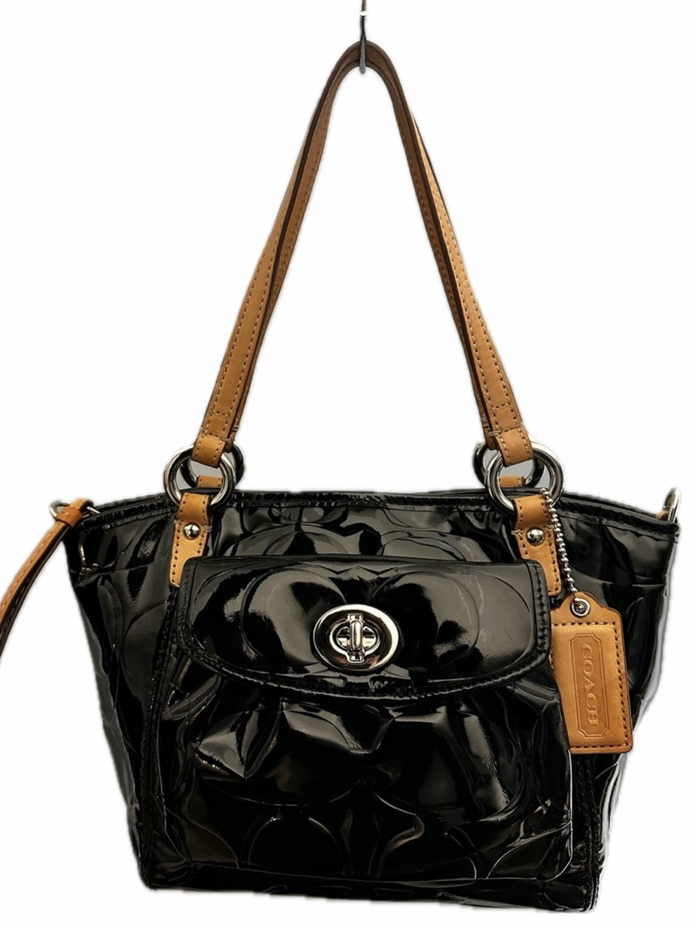 COACH Black Patent Leather Shoulder Bag with Tan Straps Y2K